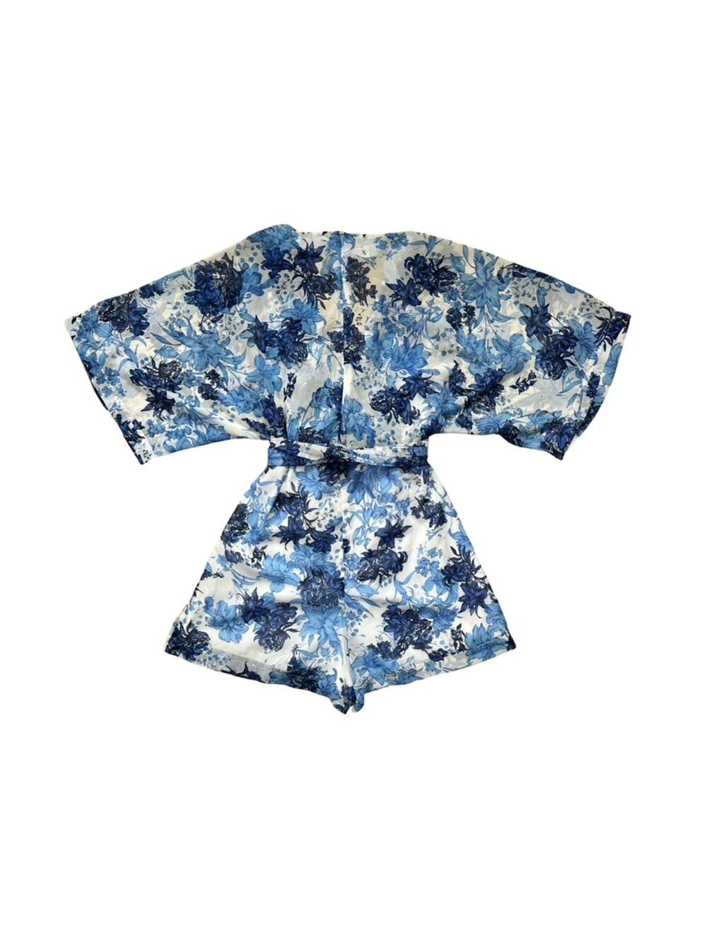 Akira Deep V Kimono Sleeves Tie Waist Blue Floral Shorts Romper M